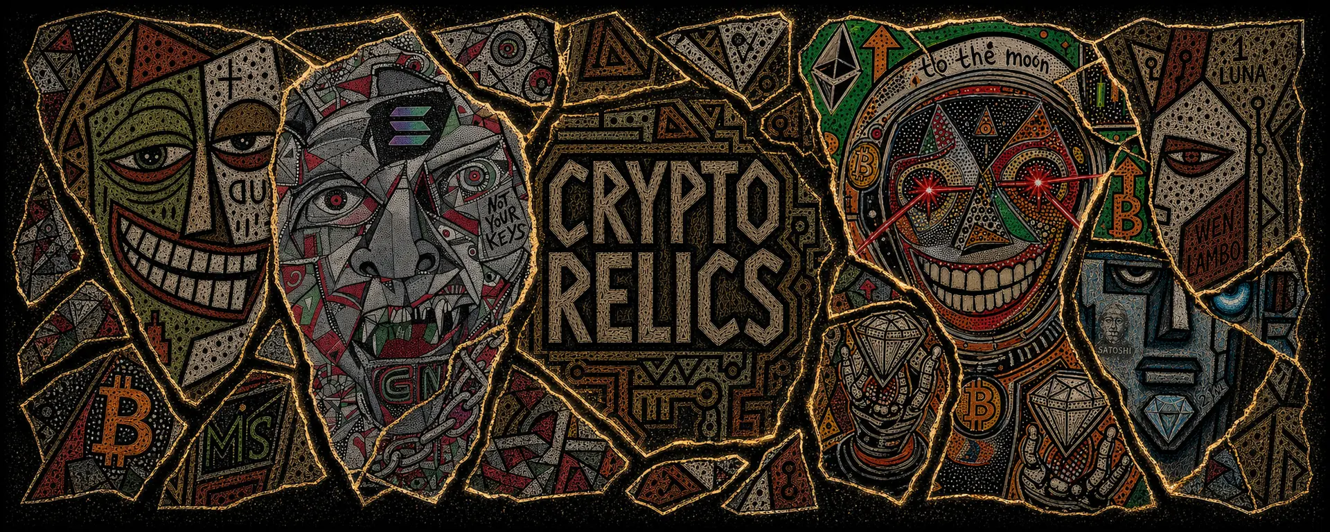 Crypto Relics banner — gold-cracked stone mask fragments spelling CRYPTO RELICS